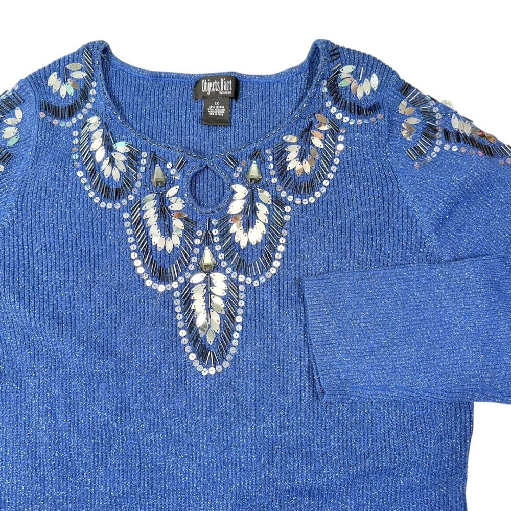 Objects D'art Woman 1X Blue Knit Top Sequin Beaded Keyhole Metallic Glam Y2K